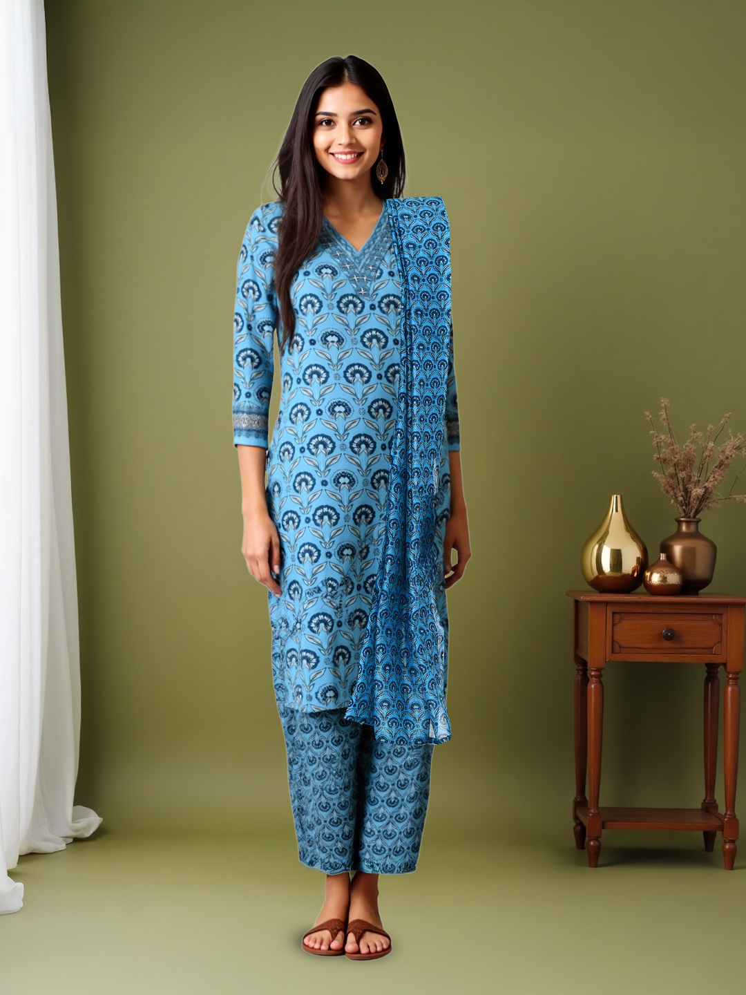 Picture of Elegant Floral Ethnic Kurta with Pant & Dupatta Set